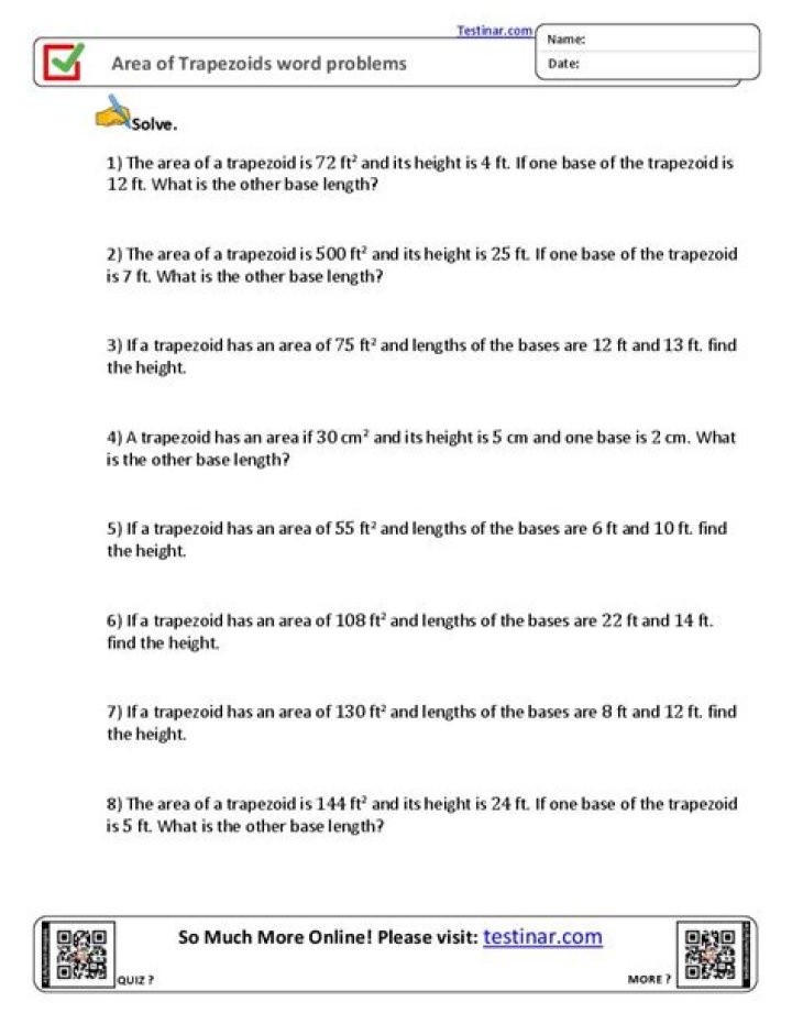 Area of Trapezoid Word Problems Worksheet PDF for Practice
