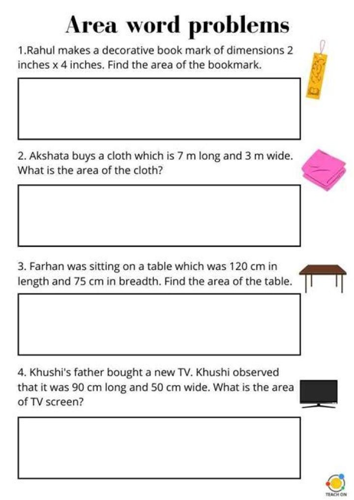 Free Area Word Problems Worksheets PDF for Elementary Math