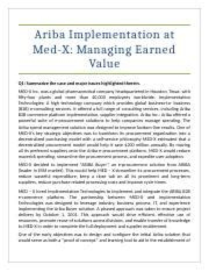 Ariba Implementation at Med-X: Managing Earned Value in PDF Reports