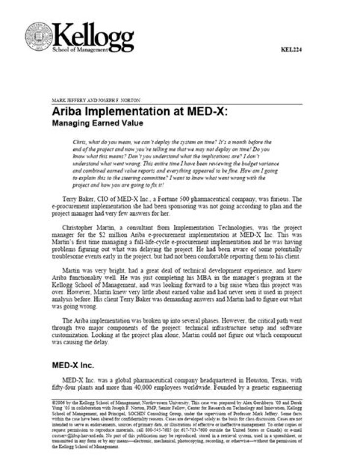 Ariba Implementation at Med-X: Mastering Earned Value Management PDF