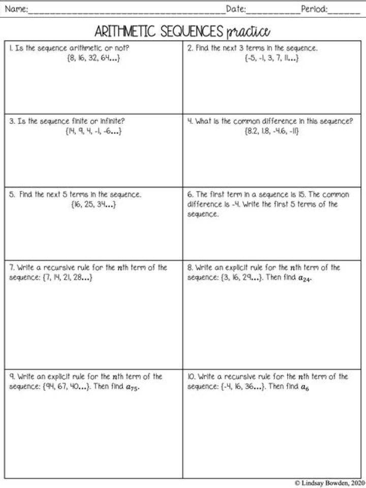 Free Arithmetic Sequence Worksheet Algebra 1 PDF – Instant Download