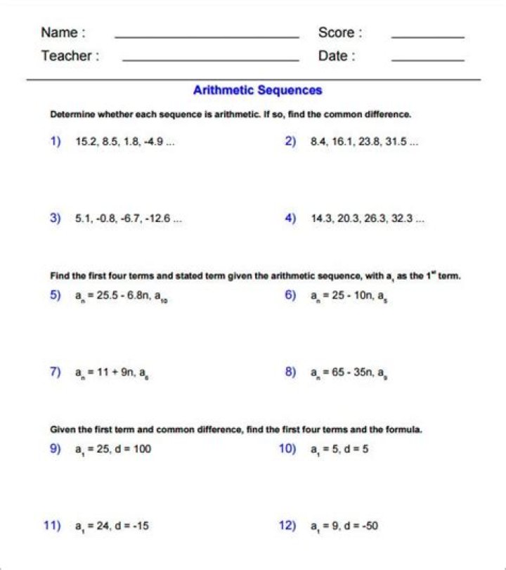 Free Arithmetic Sequence Worksheet PDF for Algebra 1 Students