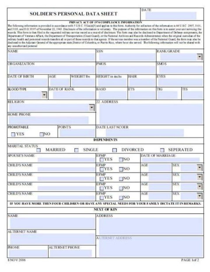 2020 Army Personal Data Sheet PDF – Official Download