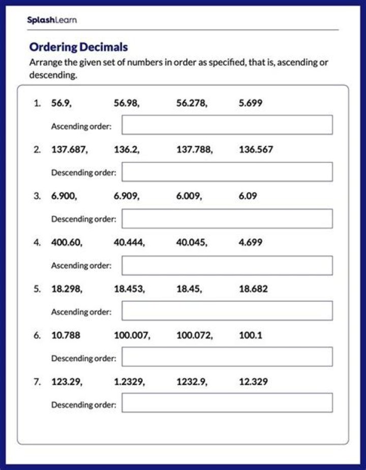 Free Worksheets: Arrange Decimals in Ascending Order PDF