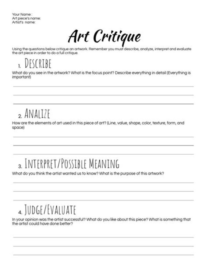 Art Critique Worksheet PDF for Students and Teachers