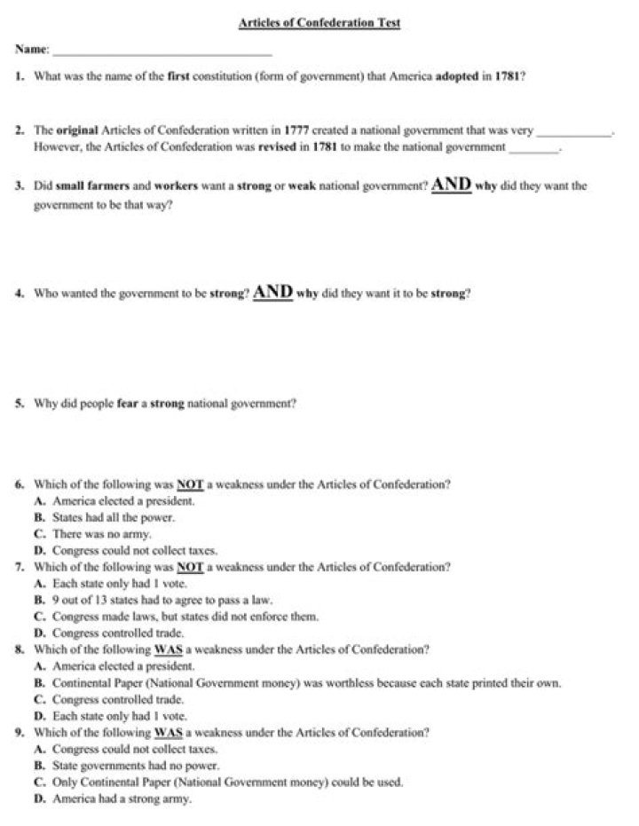 Test Your Knowledge: Articles of Confederation Exam PDF