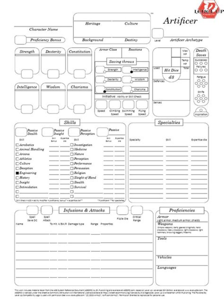 Download Your Artificer Character Sheet PDF Instantly