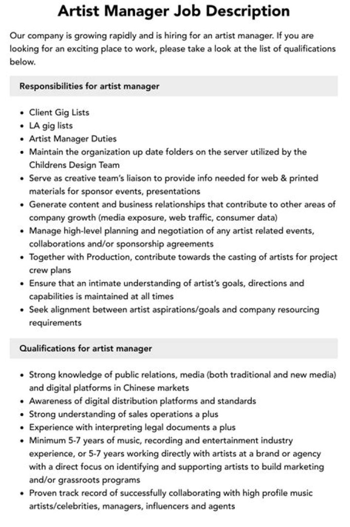 Artist Manager Job Description PDF – Full Guide & Template