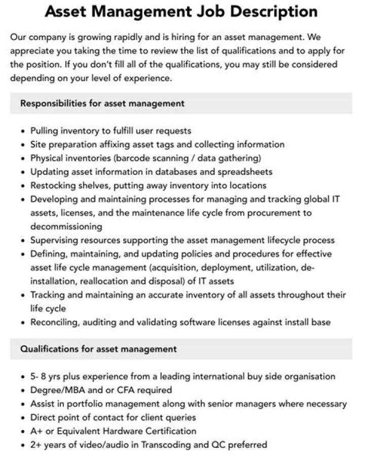 Asset Management Job Description PDF – Full Guide & Template