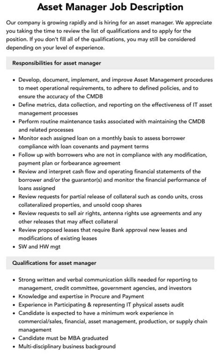 Asset Manager Job Description PDF: Complete Guide & Template