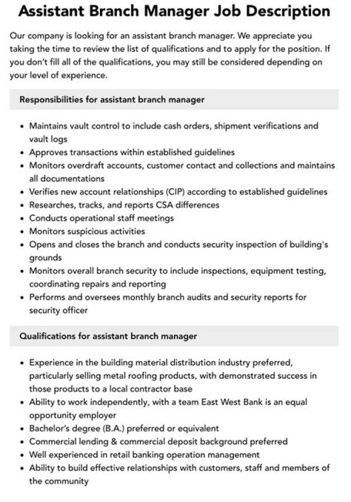 Assistant Branch Manager Job Description PDF: Requirements & Responsibilities