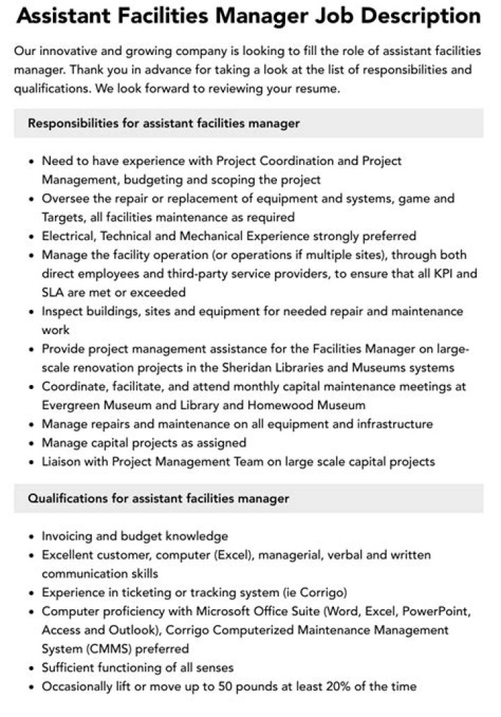Assistant Facility Manager Roles and Responsibilities PDF Guide
