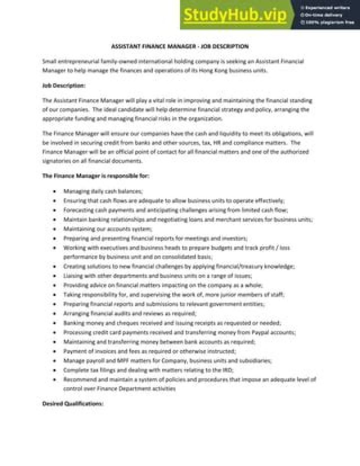 Assistant Finance Manager Job Description PDF – Download Now