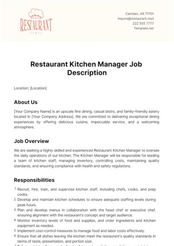 Assistant Kitchen Manager Job Description PDF – Download Now