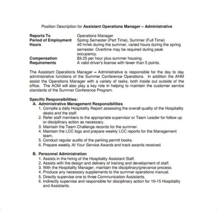 Assistant Operations Manager Job Description PDF – Full Template