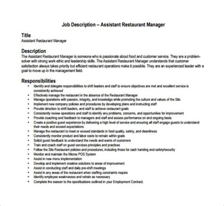 Assistant Restaurant Manager Job Description PDF