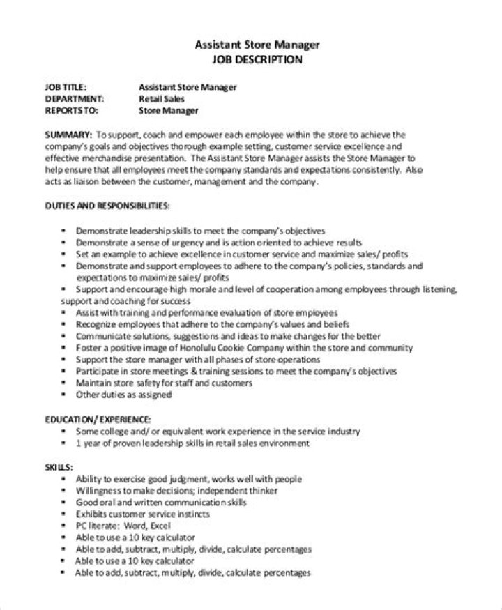 Assistant Store Manager Job Description PDF – Apply Now
