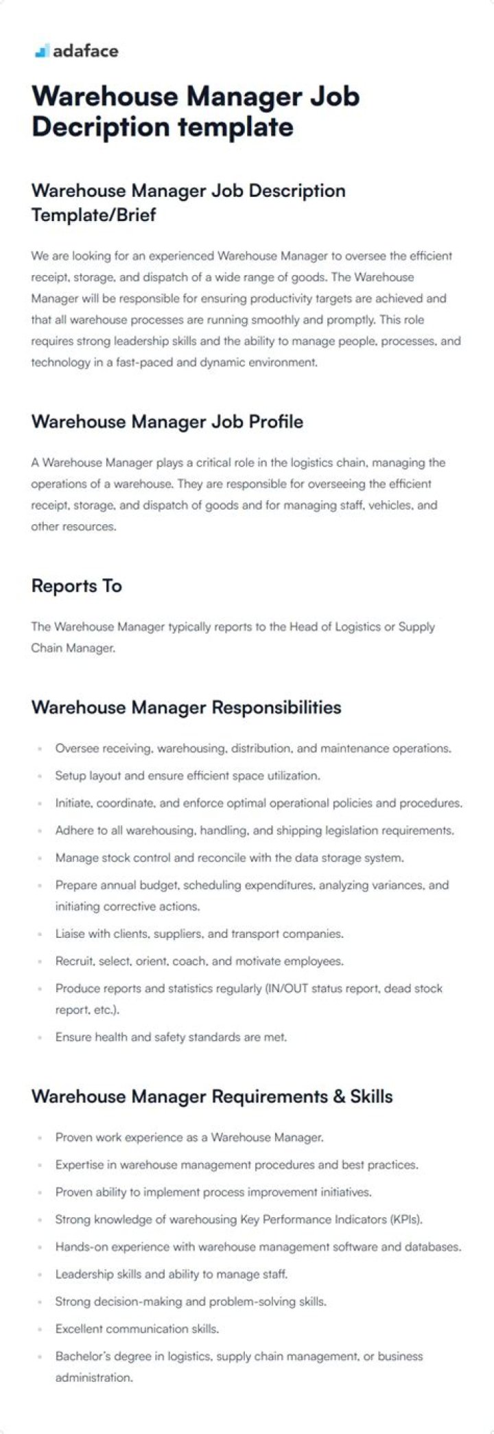 Assistant Warehouse Manager Job Description PDF – Get the Full Template