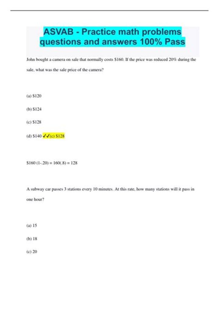 Asvab Math Practice Questions and Answers PDF with Solutions