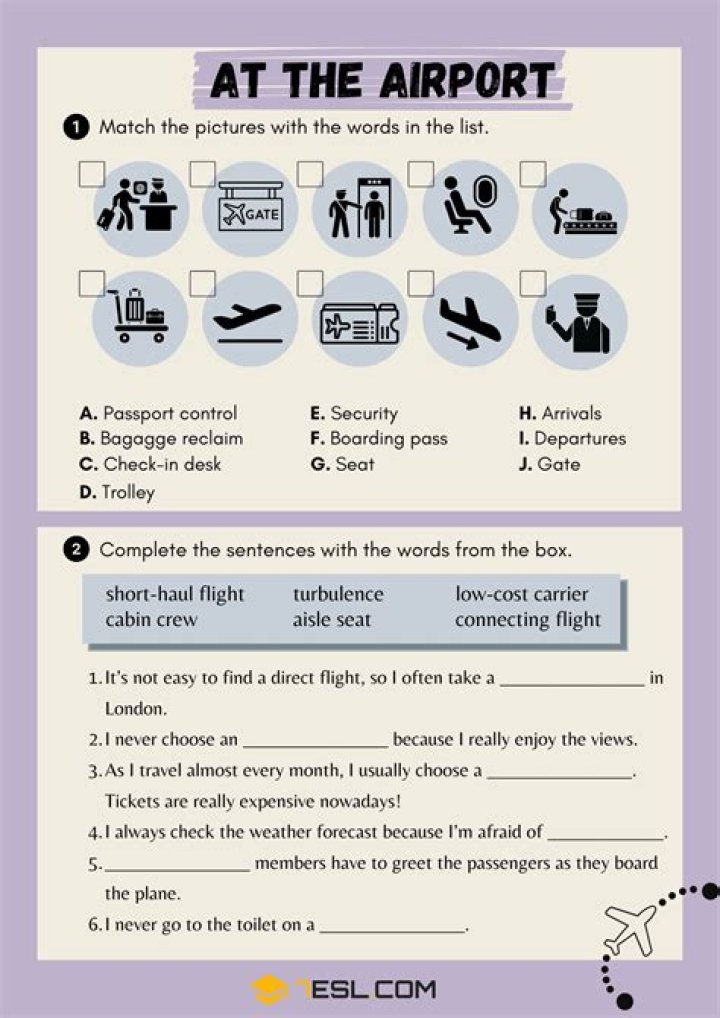 At the Airport Worksheet PDF: Free Printable Travel Checklist