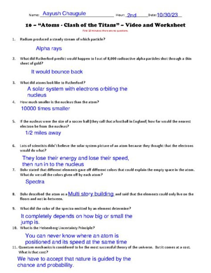 Atom Clash of the Titans Video Worksheet Answer Key PDF