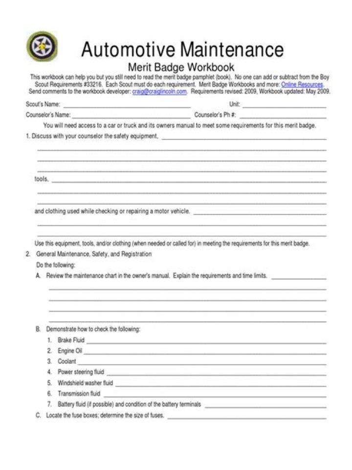 Download Free Automotive Maintenance Merit Badge Worksheet PDF