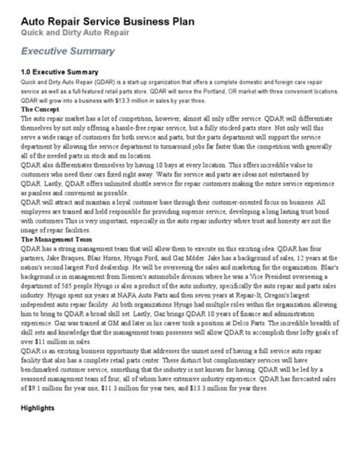 Complete Automotive Repair Business Plan PDF for Startup Success