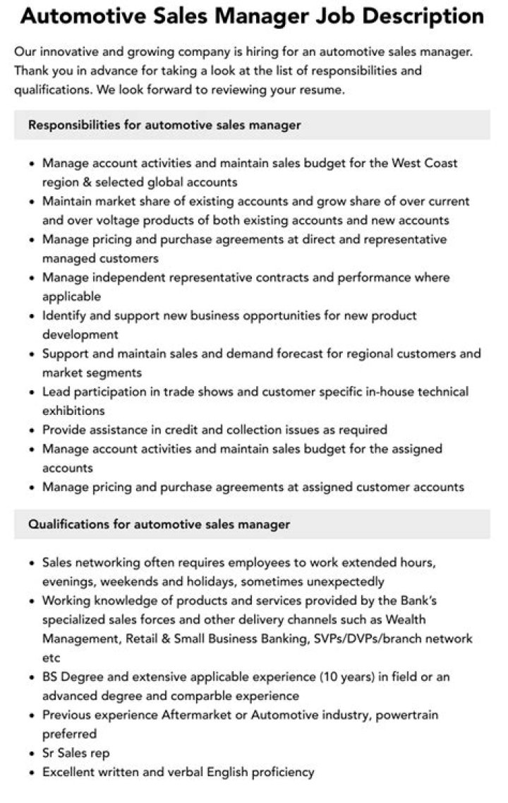 Automotive Sales Manager Job Description PDF: Full Template & Guide