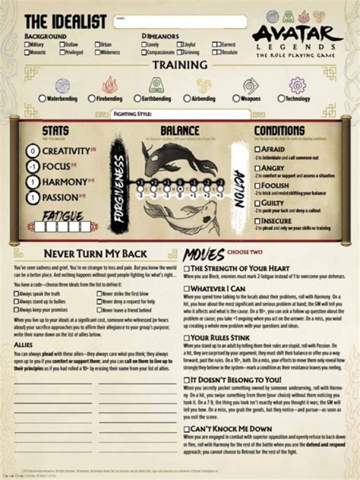 Download the Avatar Legends Character Sheet PDF