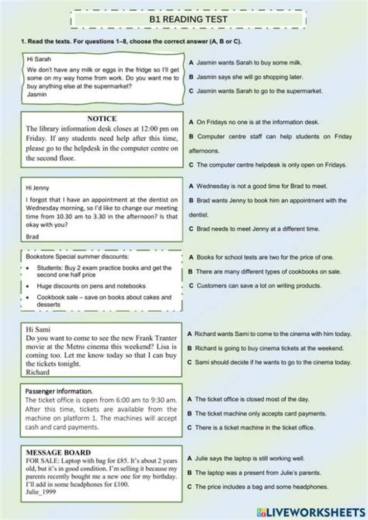 B1 English Reading Test PDF with Answers Download