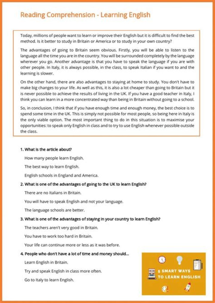 B1 Reading Comprehension Exercises with Answers PDF for ESL Students