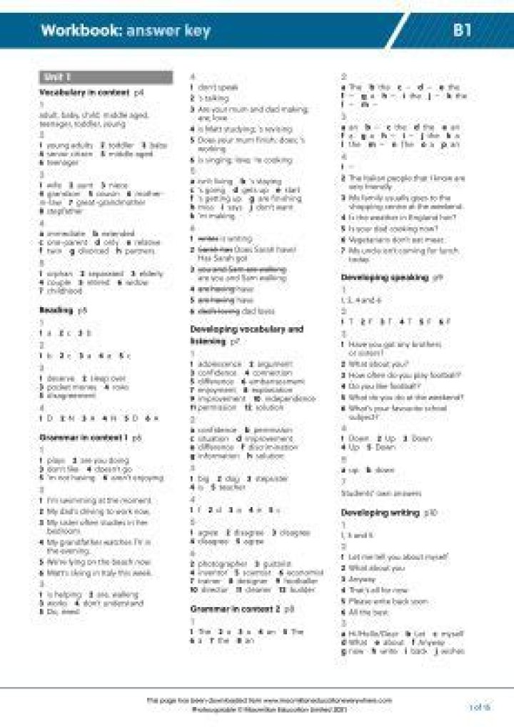 B1 Workbook Answer Key PDF Download