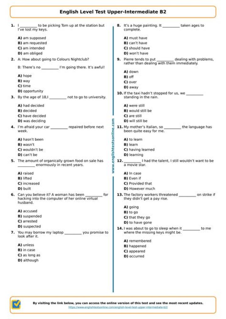 B2 Level English Test PDF with Answers – Practice Now