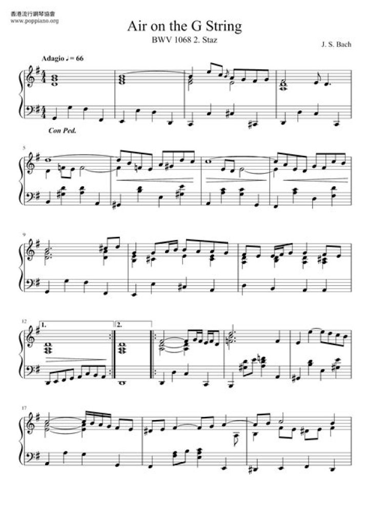 Bach Air on G String Piano Sheet Music PDF Download