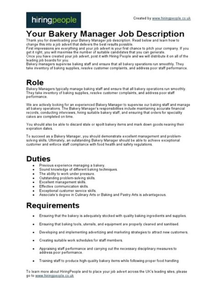 Bakery Manager Job Description PDF – Full Career Guide