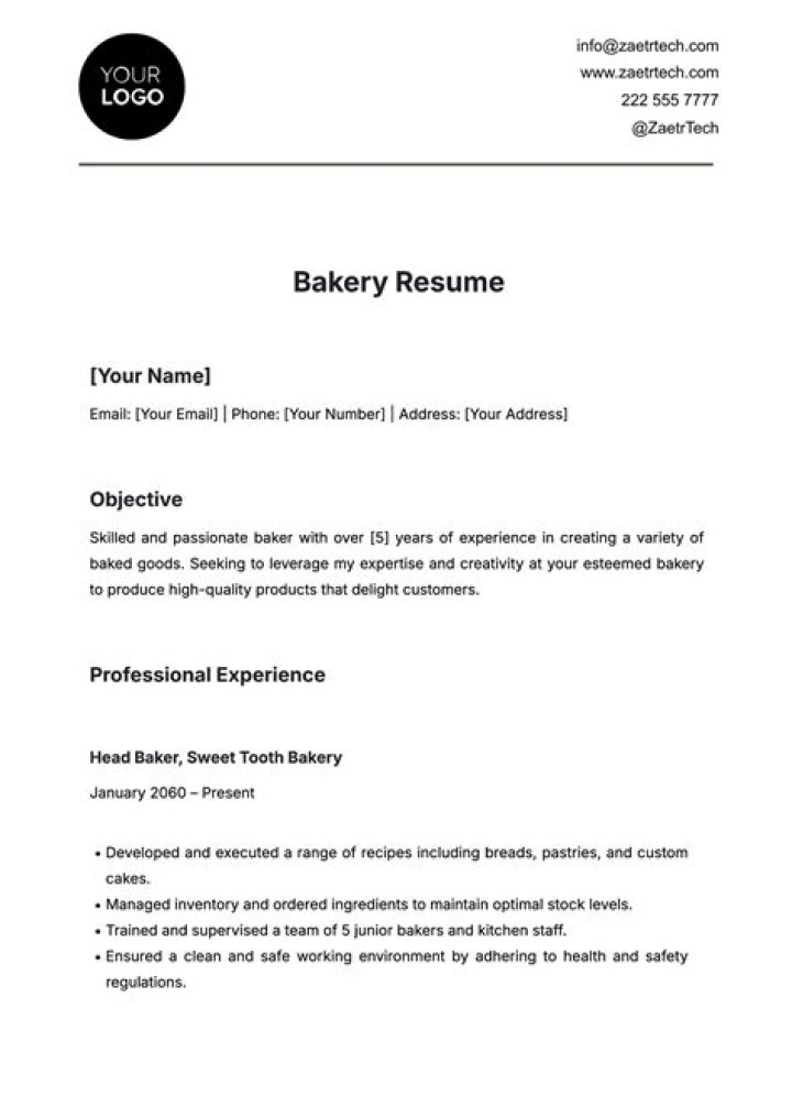 Bakery Manager Resume PDF for Career Growth
