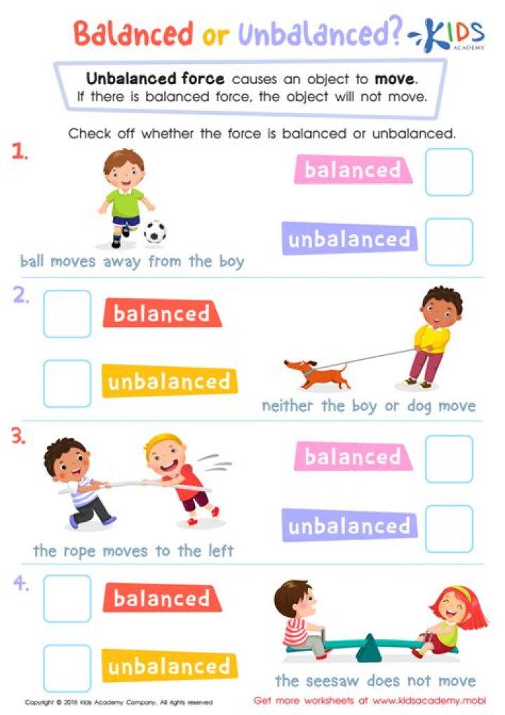 Balanced vs. Unbalanced Forces Worksheet for 8th Grade PDF