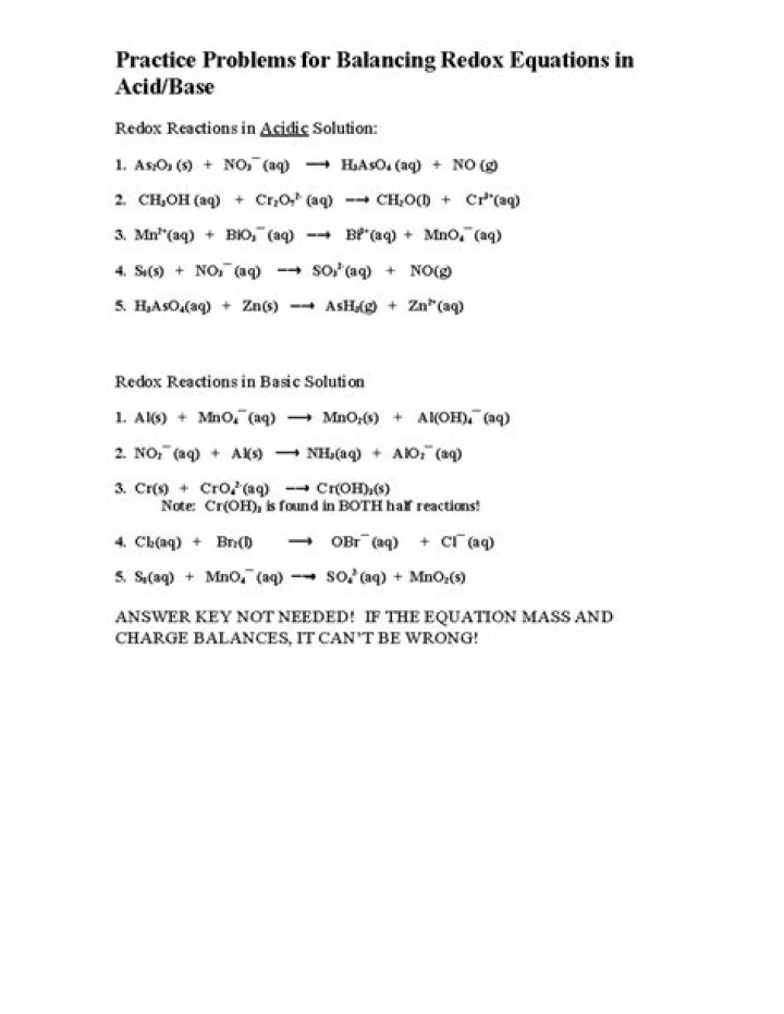 Balance Redox Reactions Practice Problems with Answers PDF