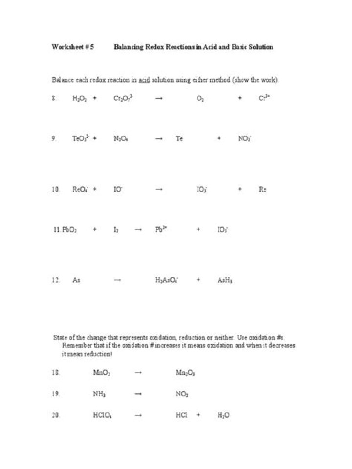 Balancing Redox Reactions Worksheet with Answers PDF
