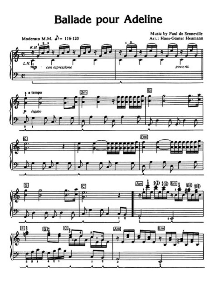 Easy Ballade pour Adeline – Simple Piano Sheet PDF for Beginners