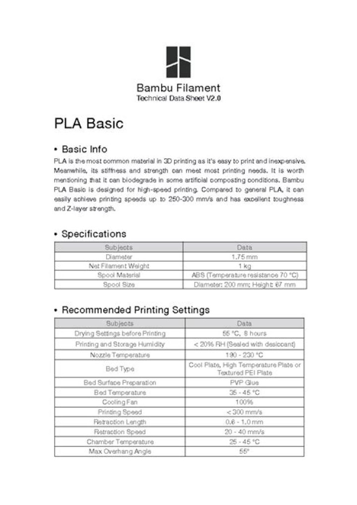 Bambu PLA Basic Technical Data Sheet PDF – Download Full Specs