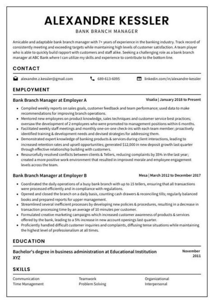Bank Branch Manager Resume PDF for Successful Hiring