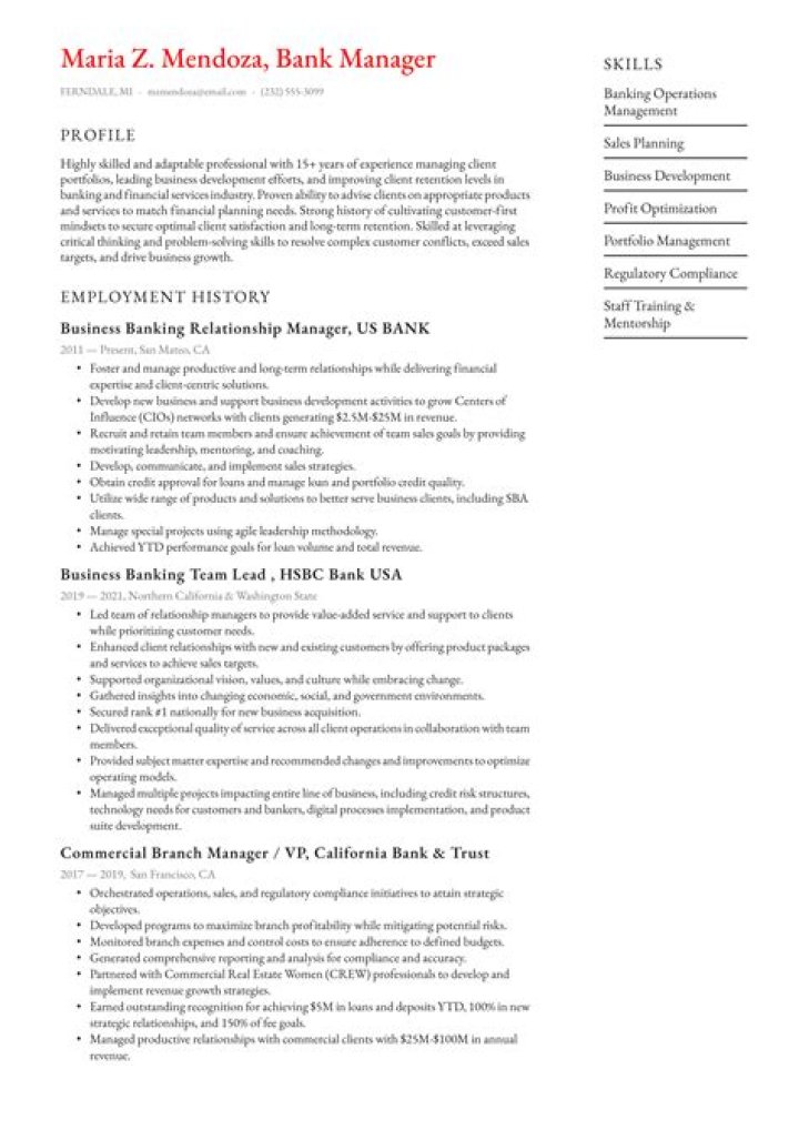 Bank Manager Resume PDF for Executive Leadership Roles