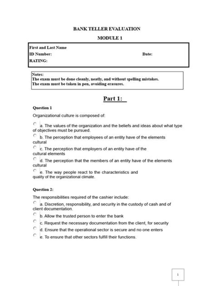 Bank Teller Test Questions & Answers PDF Download