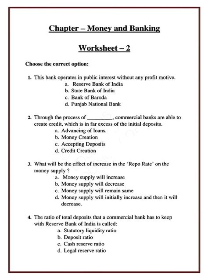 Download Free Banking Worksheets PDF for Financial Literacy
