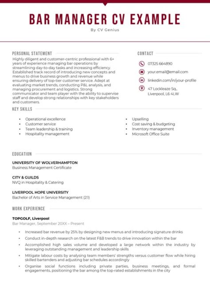 Bar Manager CV PDF – Professional Template for Hiring Managers