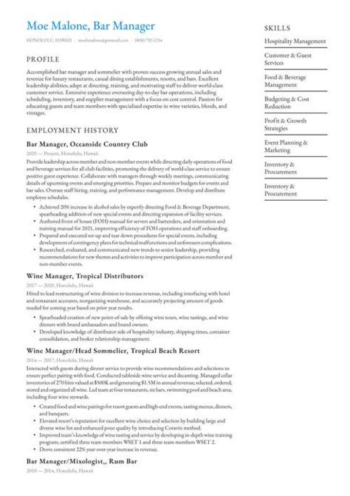 Bar Manager Resume PDF for Your Next Job