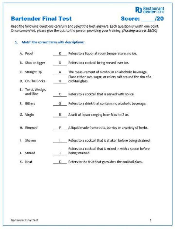 Bartender Test Questions and Answers PDF – Perfect for Exam Prep