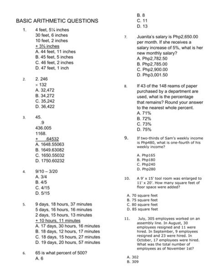 Basic Arithmetic Questions with Answers PDF Download