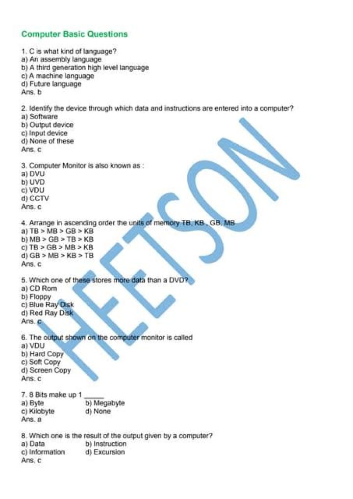 Basic Computer Questions and Answers PDF Free Download in English